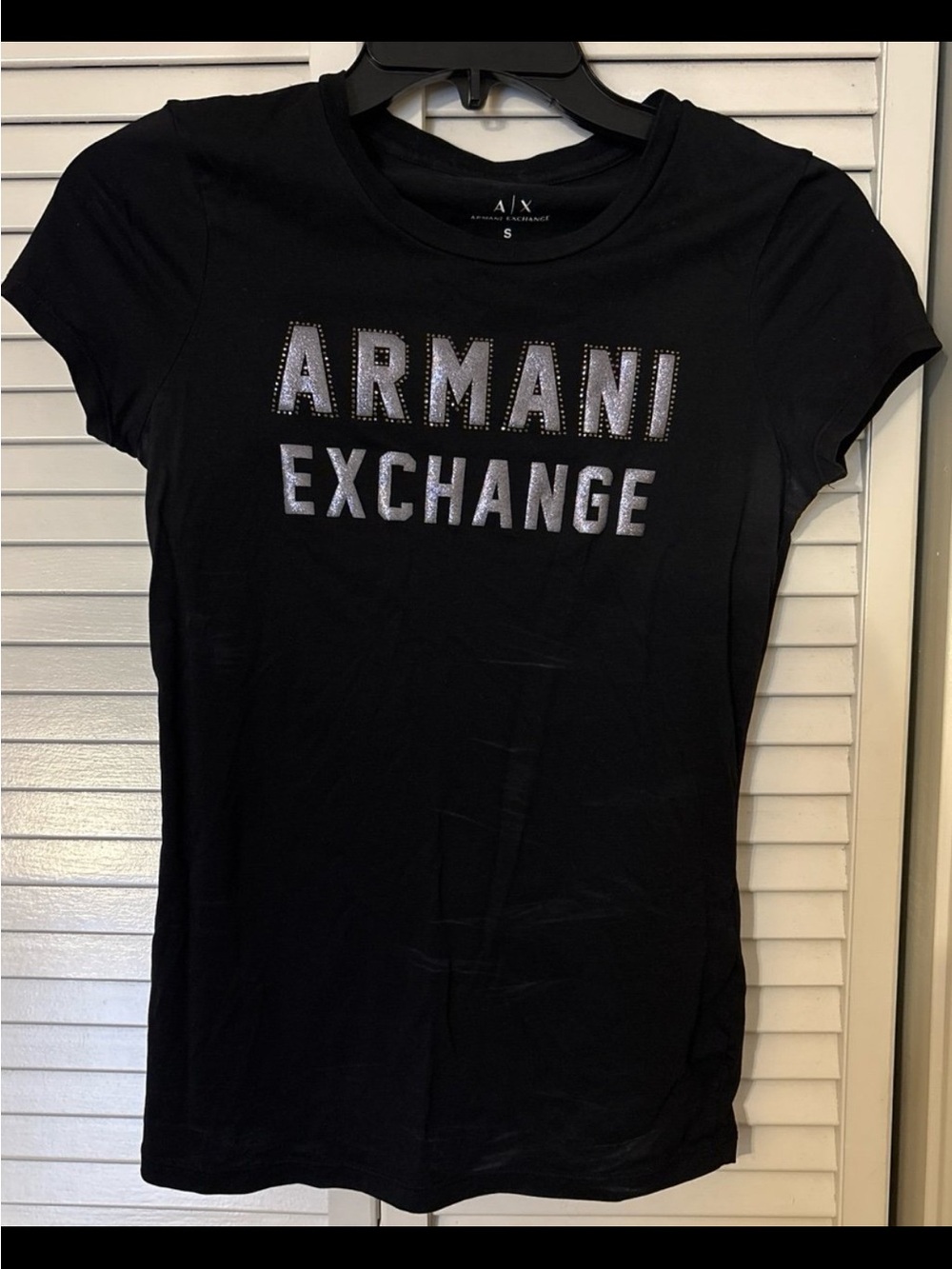 Armani Exchange Black Tee with Silver Logo Studs